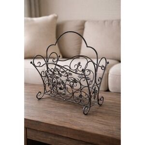 Vintage Wrought Iron Magazine Holder Leaf Scroll Design Floor Rack
